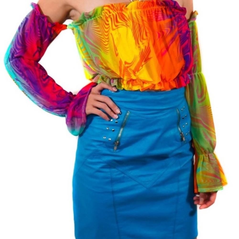 Black Bead Rainbow Y2K Tube/Crop Top with Bell Sleeves size M colorful rainbow